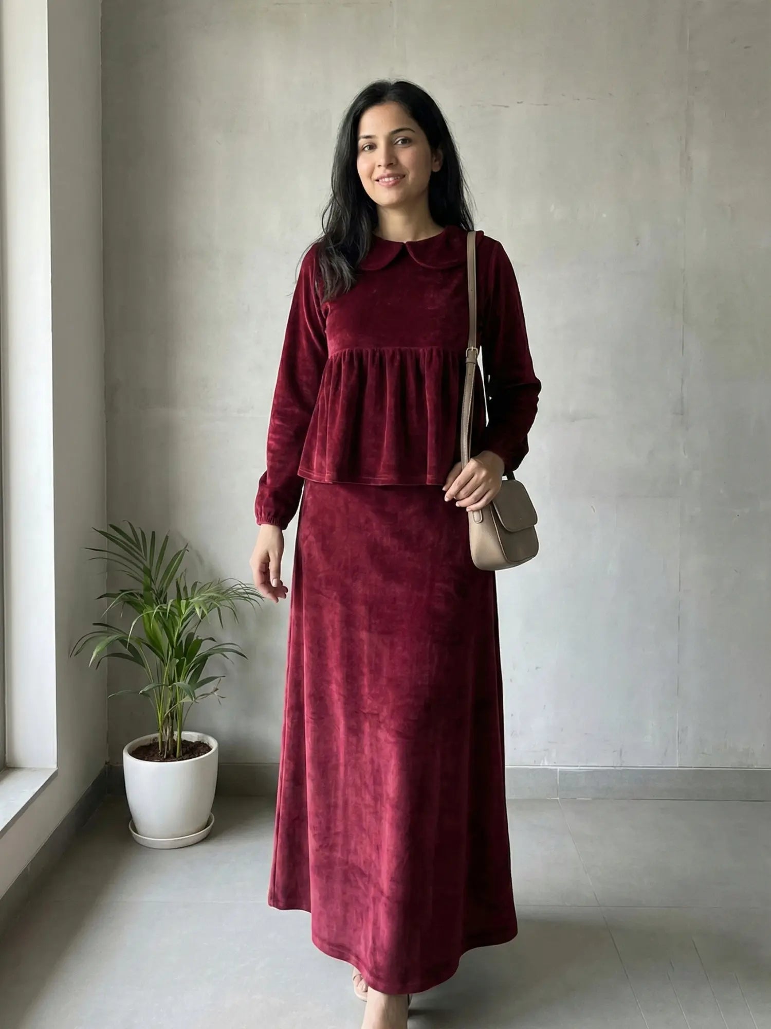 YEZWE Velvet Skirt Pinterest Top Set Elegant Modest Wear in burgundy with a stylish peplum top