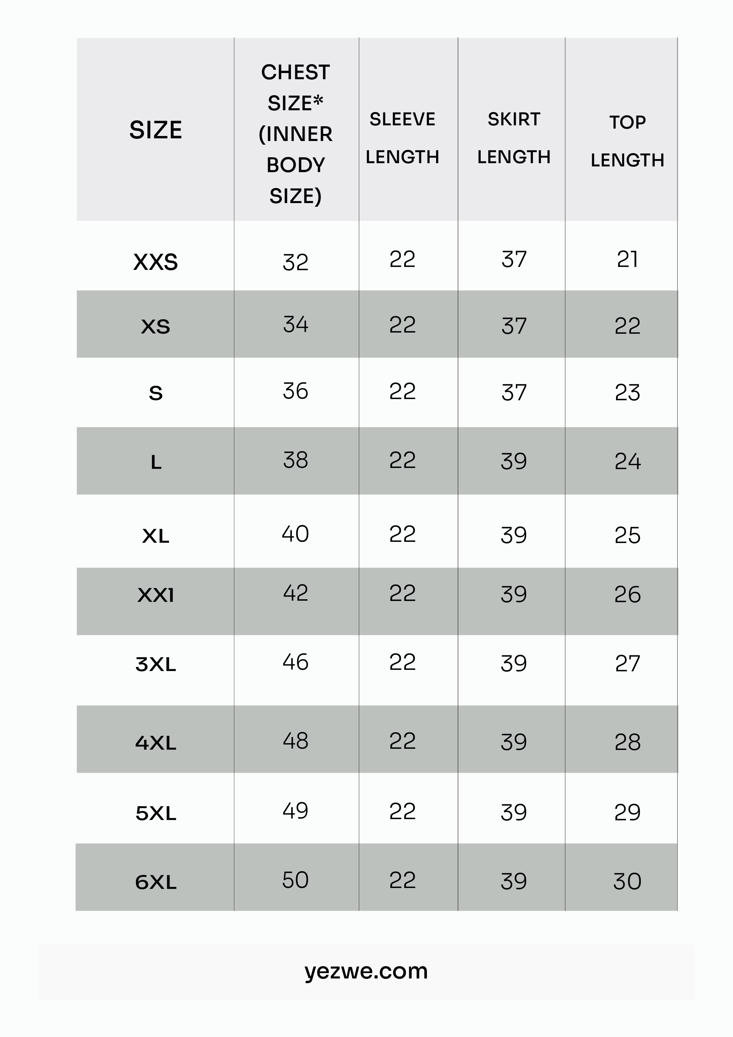 Size chart for YEZWE Velvet Skirt Pinterest Top Set Elegant Modest Wear with various measurements listed