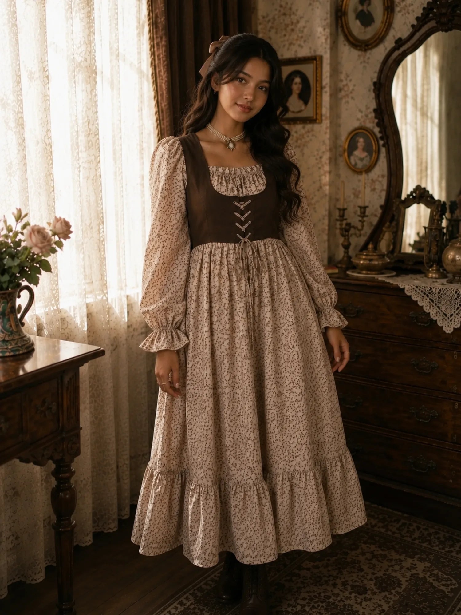 Woman wearing YEZWE vintage floral maxi dress with brown corset-style bodice, puff sleeves, and tiered ruffle hem in a warm vintage-inspired indoor setting.