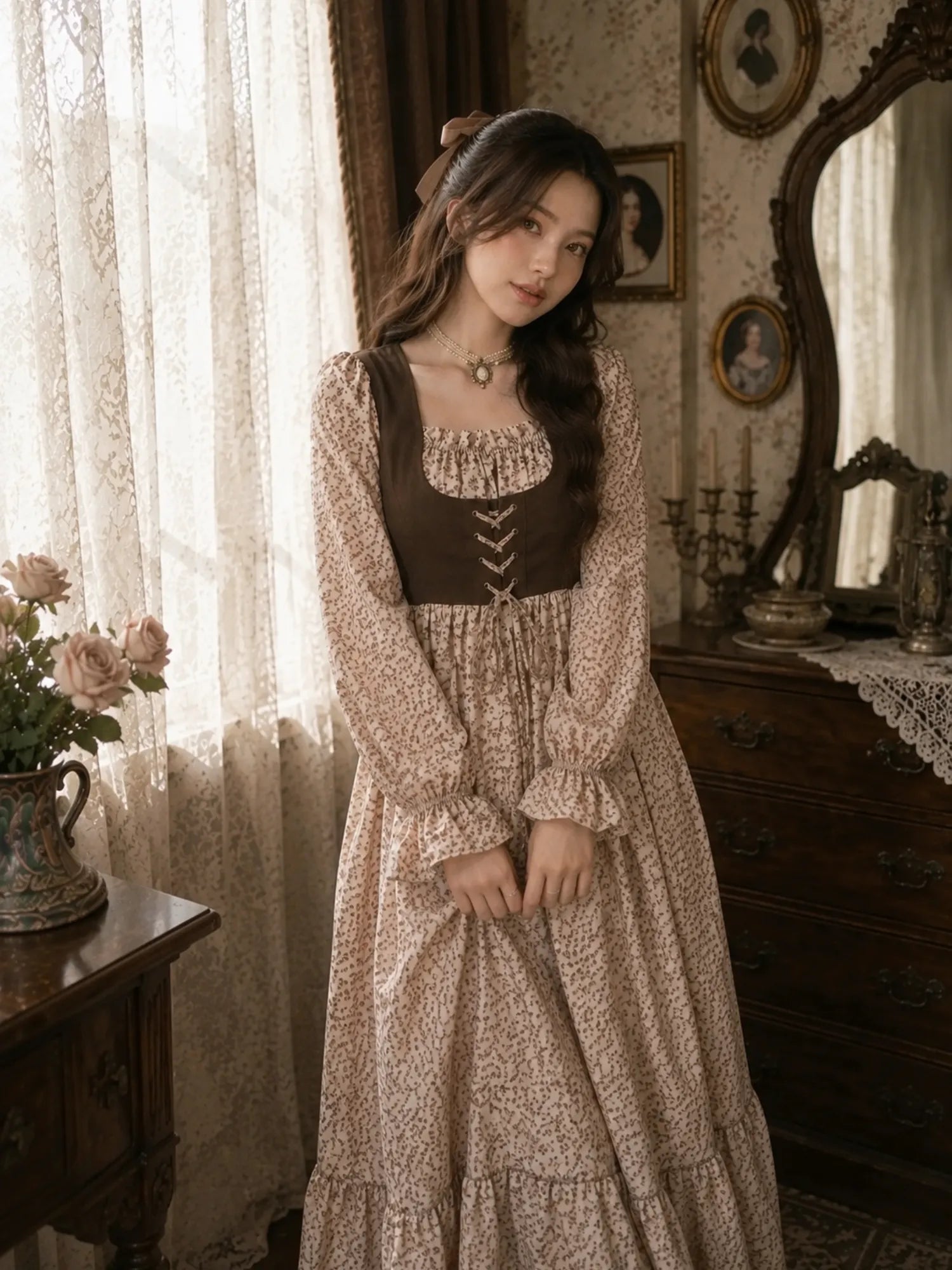 Woman wearing YEZWE vintage floral modest maxi dress with brown corset-style bodice, long puff sleeves, and feminine vintage styling in an elegant indoor setting.