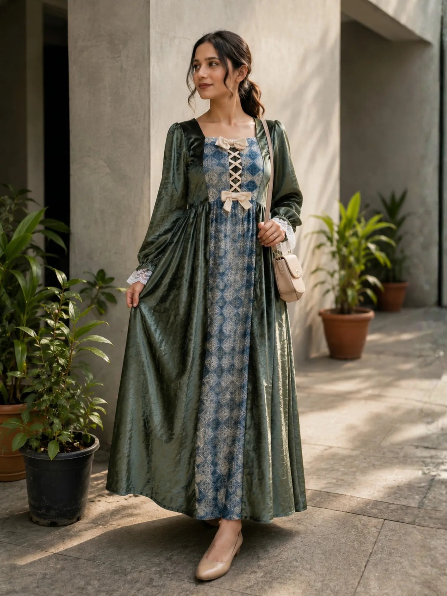 YEZWE Vintage Green Coquette Modest Maxi Dress | Pre-Booking with elegant lace-up front and long sleeves