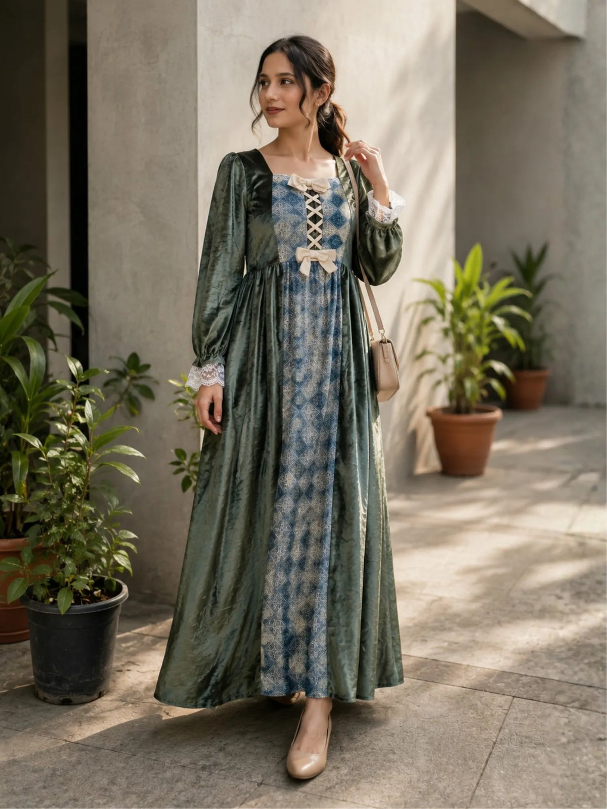 YEZWE Vintage Green Coquette Modest Maxi Dress | Pre-Booking with Long Sleeves and Lace Detail
