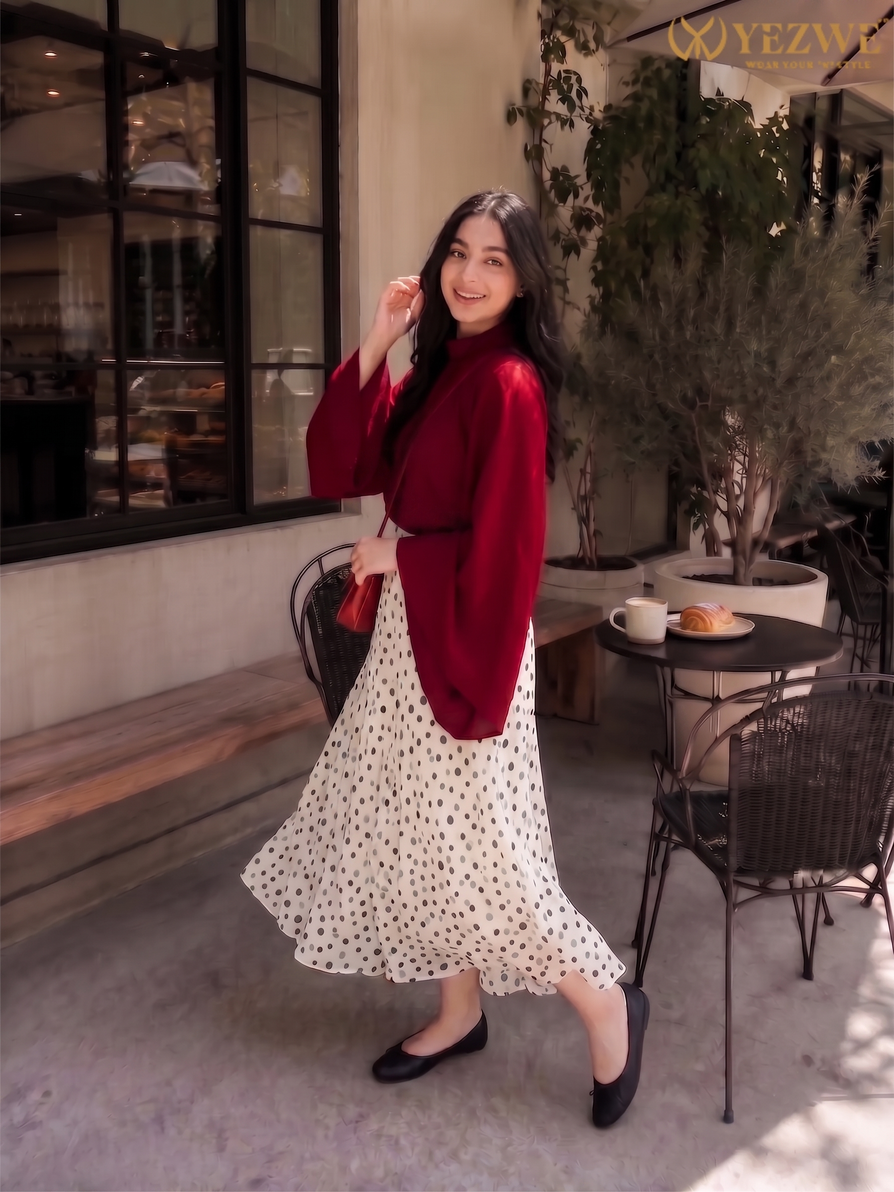 YEZWE Wine Red Fusion Mock-Neck Top & Polka Dot Co-ord Style with a stylish skirt and elegant flats