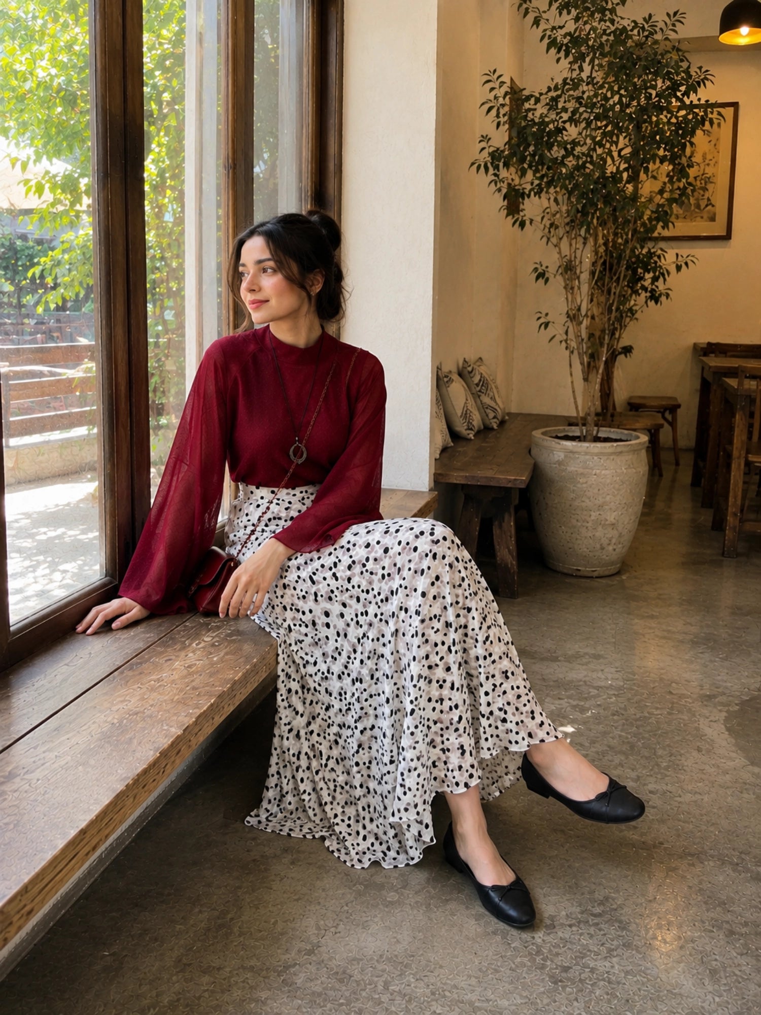 YEZWE Wine Red Fusion Mock-Neck Top & Polka Dot Co-ord Style Co ord shown in a stylish casual setting