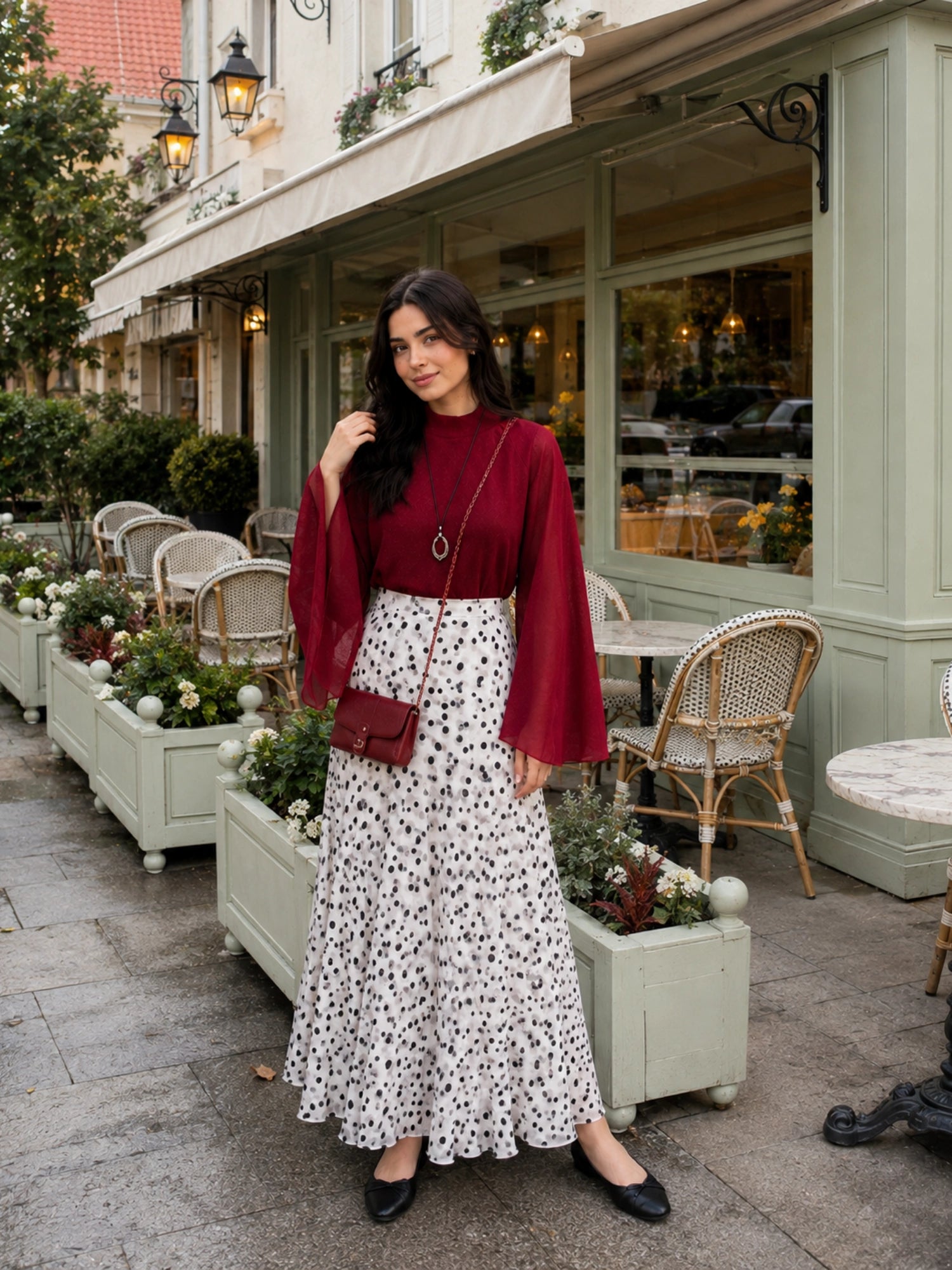 YEZWE Wine Red Fusion Mock-Neck Top & Polka Dot Co-ord Style Co ord for stylish outings