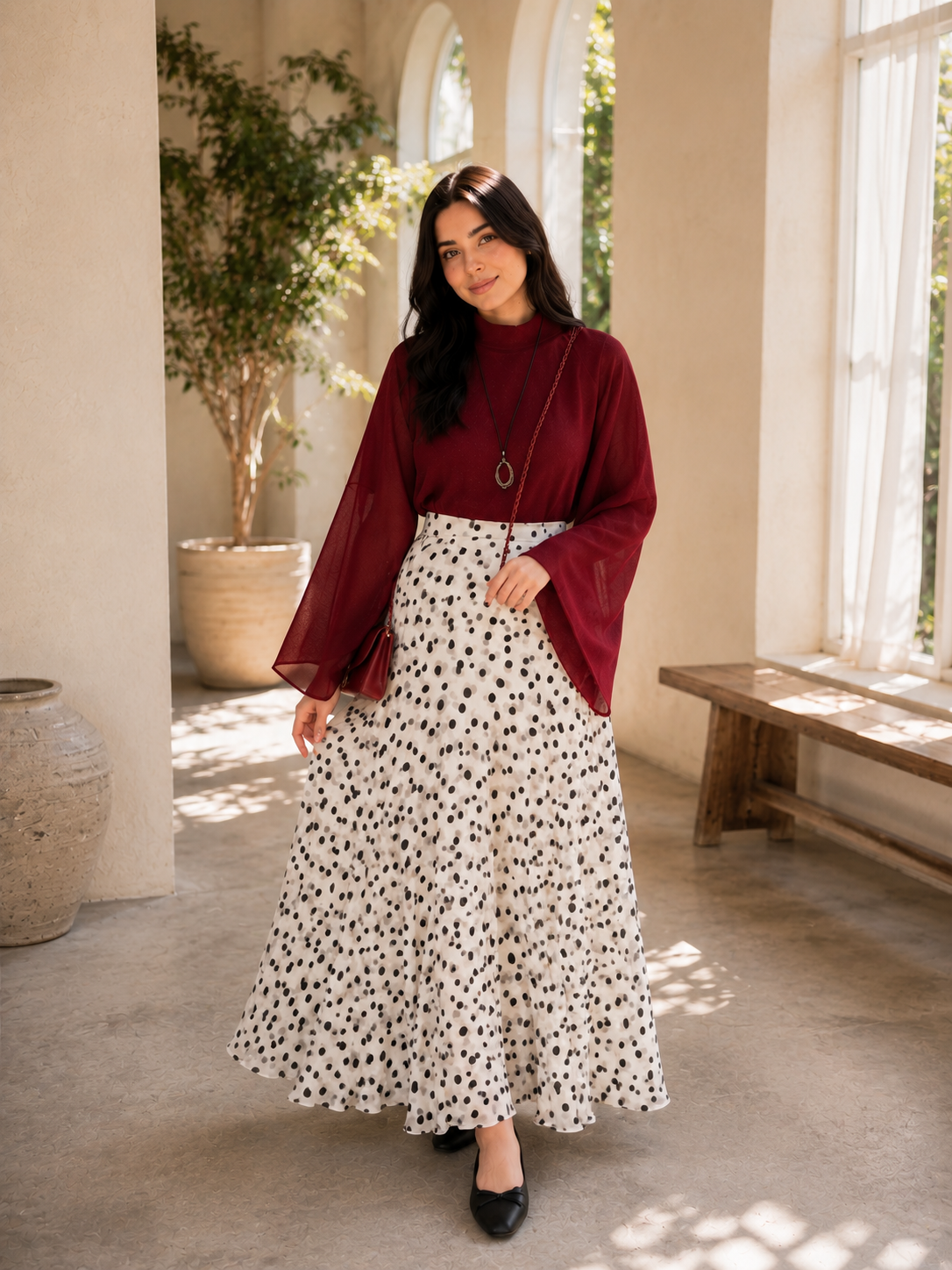 YEZWE Wine Red Fusion Mock-Neck Top & Polka Dot Co-ord Style Co ord with flowing skirt