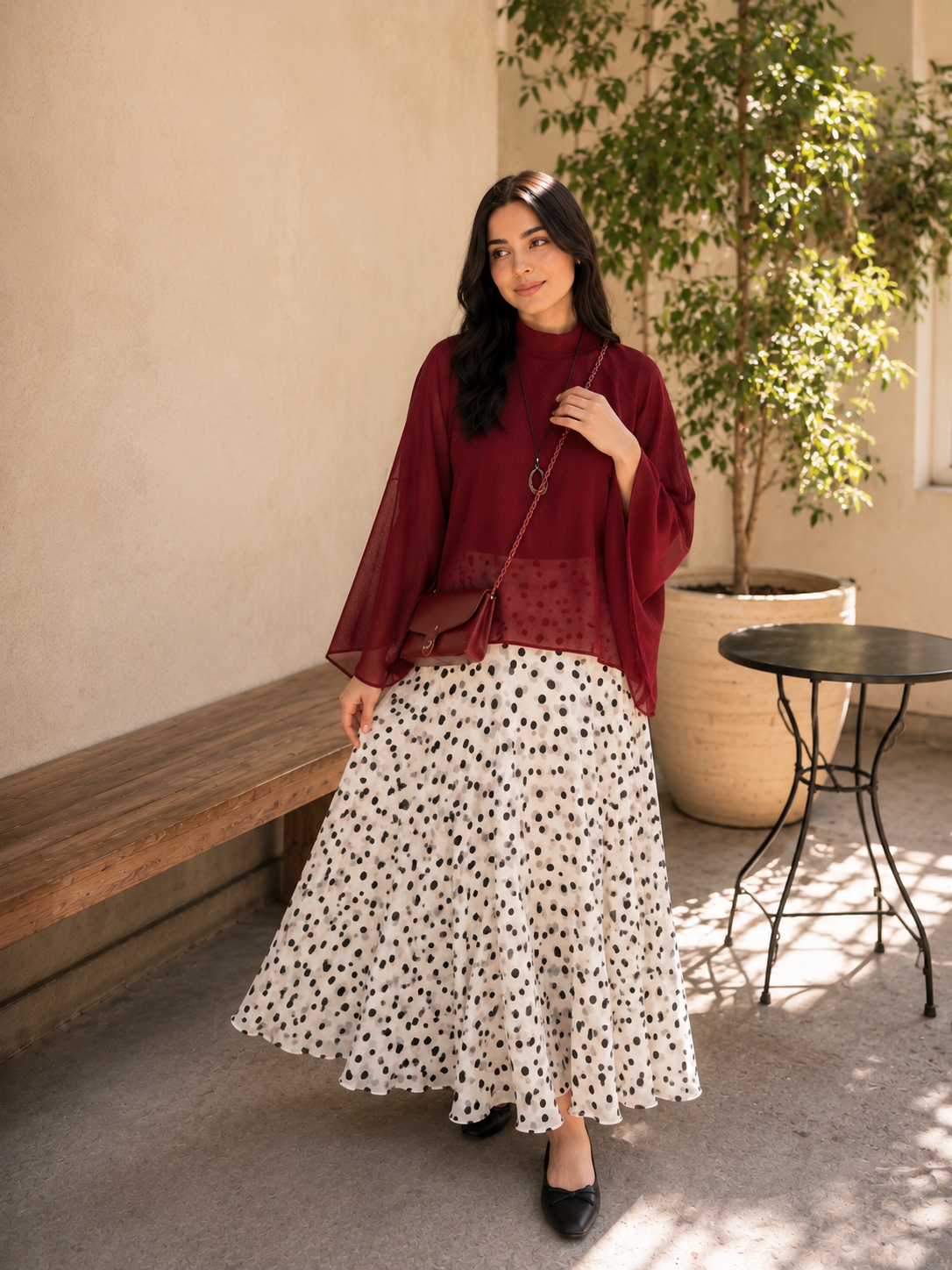 YEZWE Wine Red Fusion Mock-Neck Top & Polka Dot Co-ord Style Co ord paired elegantly for stylish outfits
