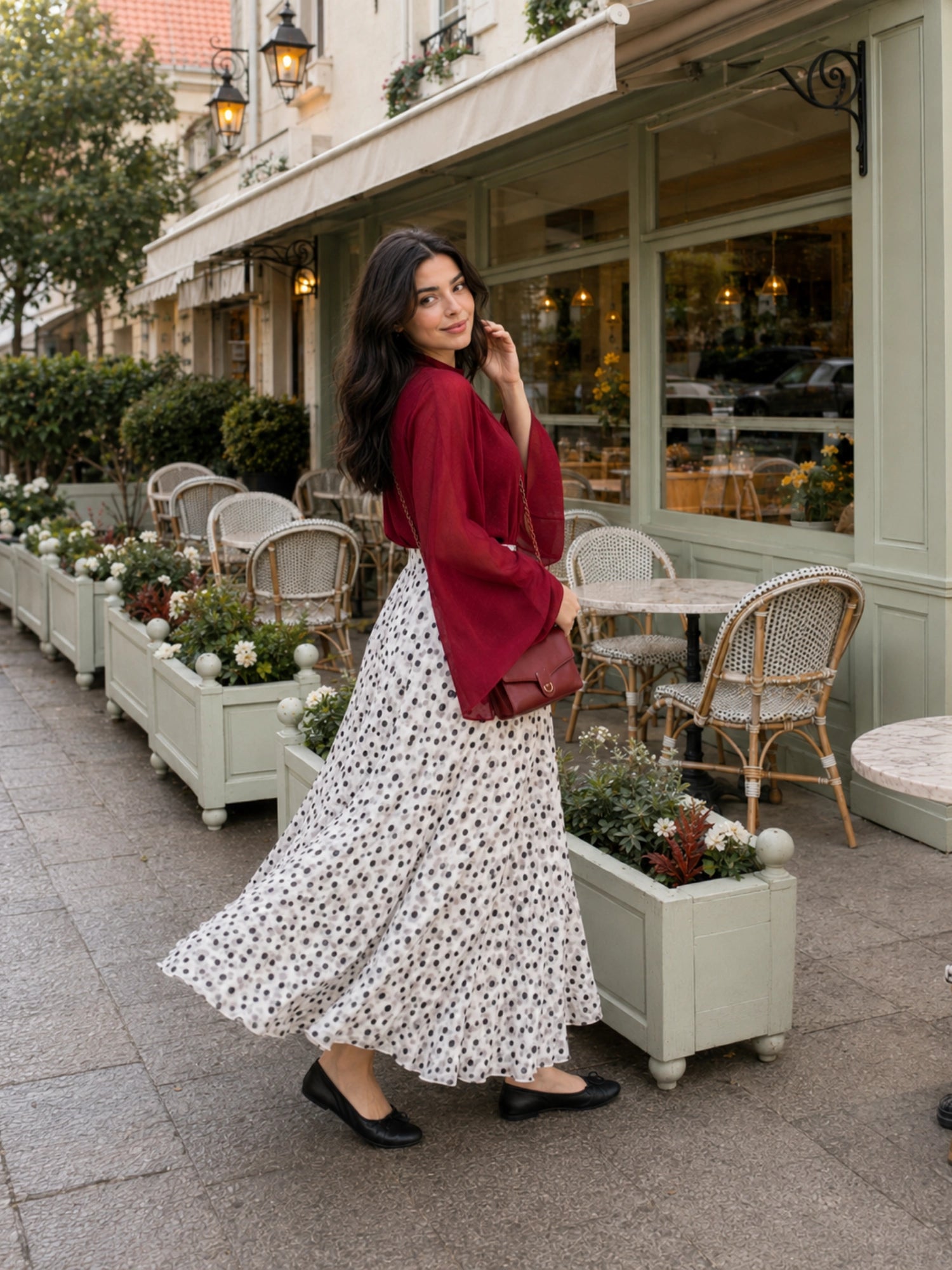 YEZWE Wine Red Fusion Mock-Neck Top & Polka Dot Co-ord Style Co ord with flowy skirt worn outdoors