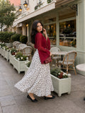 YEZWE Wine Red Fusion Mock-Neck Top & Polka Dot Co-ord Style Co ord with flowy skirt worn outdoors