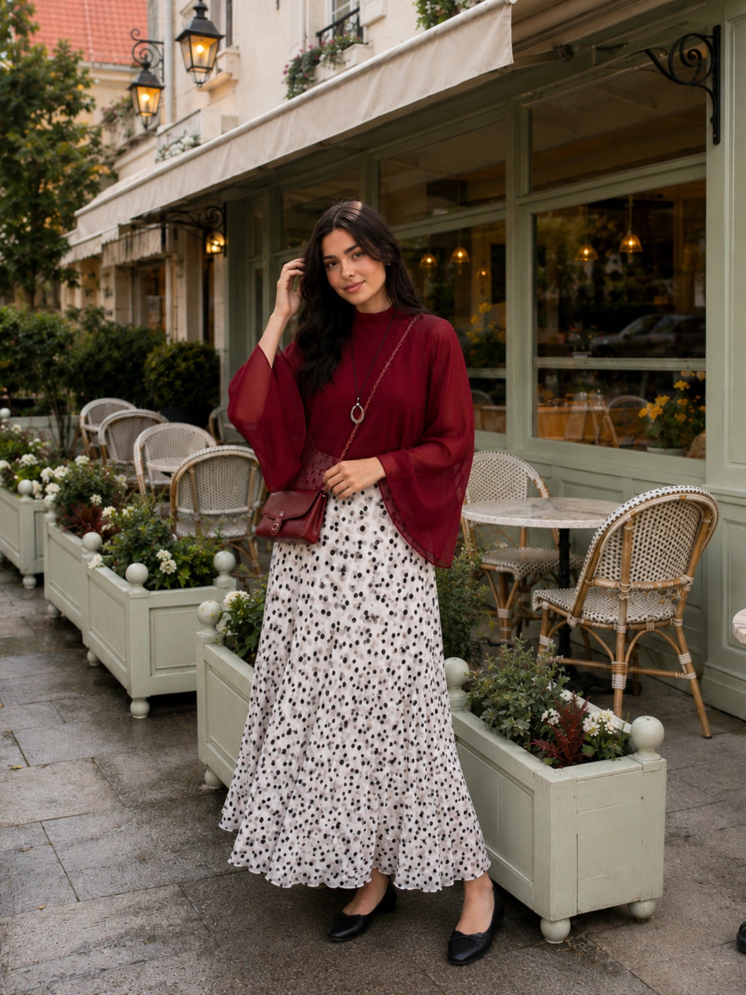 YEZWE Wine Red Fusion Mock-Neck Top & Polka Dot Co-ord Style Co ord paired with a flowy skirt in a stylish outdoor setting