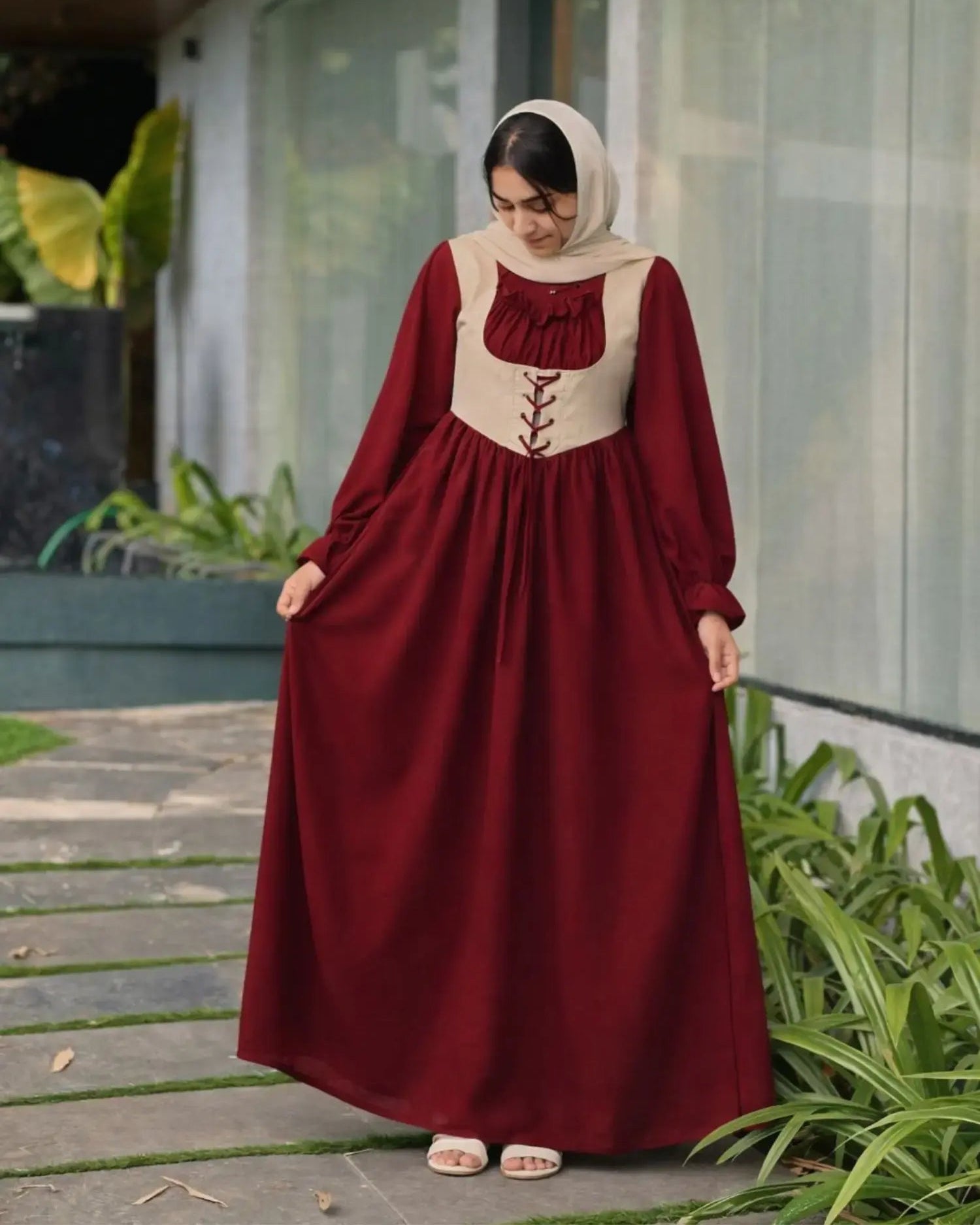 YEZWE Wine Red Modest Corset Lace Up Elegant Maxi Dress with long sleeves and a flattering silhouette