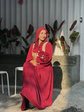 YEZWE Wine Red Modest Corset Lace Up Elegant Maxi Dress worn by a model in a shaded outdoor setting
