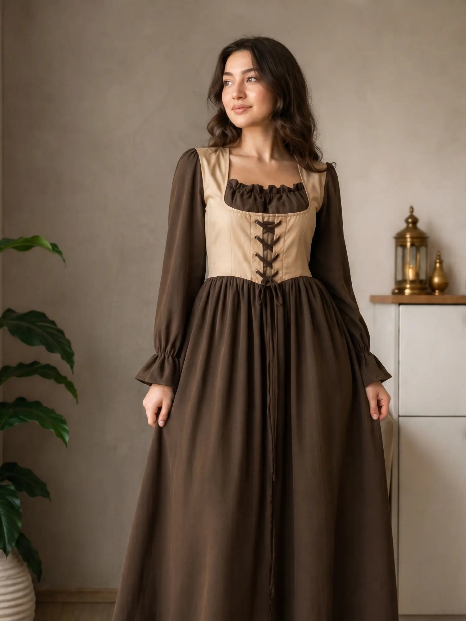 YEZWE Wine Red Modest Corset Lace Up Elegant Maxi Dress with long sleeves and a flowing skirt