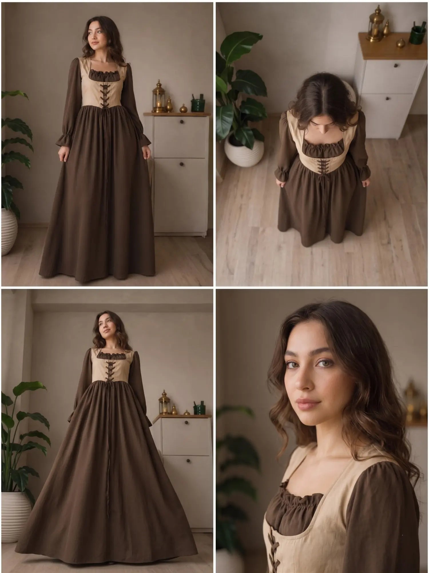 YEZWE Wine Red Modest Corset Lace Up Elegant Maxi Dress displayed in a stylish room with plants