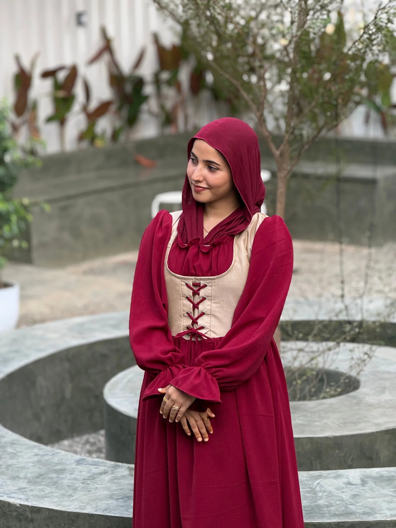 YEZWE Wine Red Modest Corset Lace Up Elegant Maxi Dress with Bell Sleeves and a Classic Design