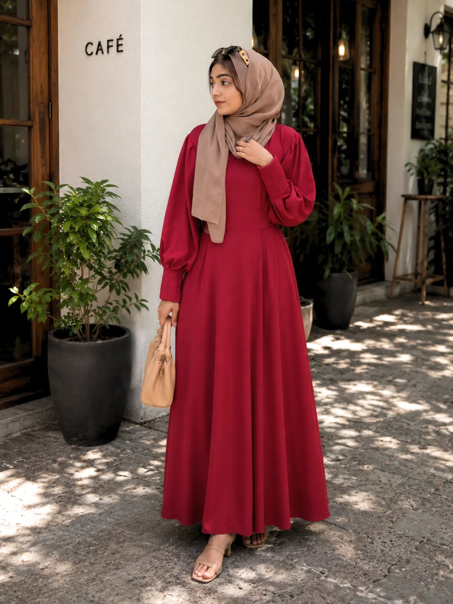 YEZWE Knitted Kar Maxi Dress with Attached Belt- Solid Maroon Red YEZWE Knitted Kar Maxi Dress with Attached Belt- Solid Maroon Red