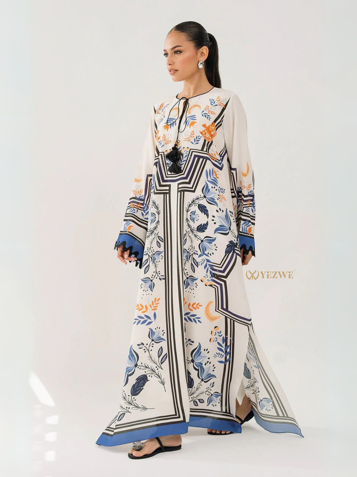 YEZWE white floral geometric maxi dress with long sleeves tie neckline and side slit Women Top