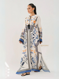 YEZWE white floral geometric maxi dress with long sleeves tie neckline and side slit Women Top