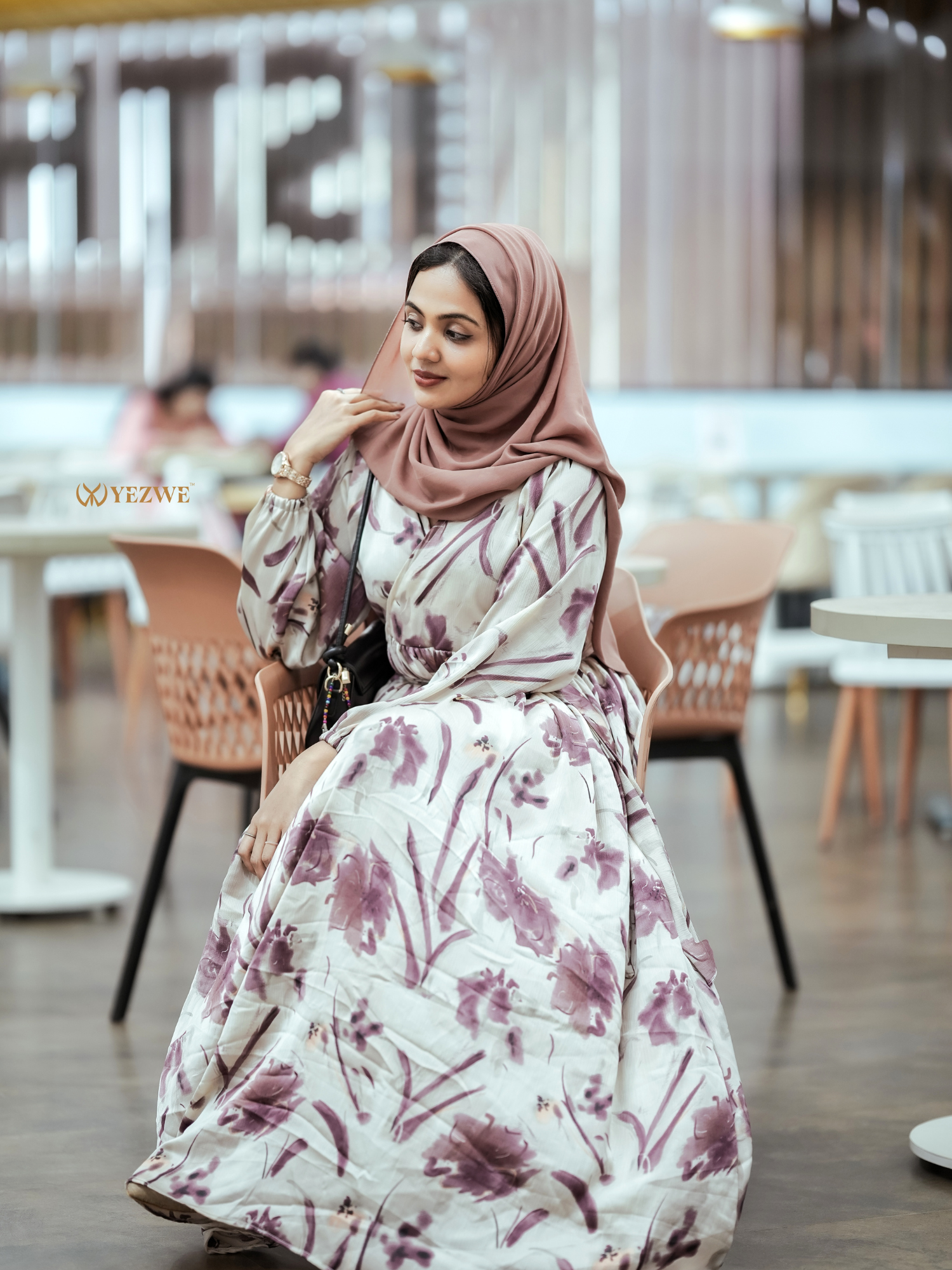 Yezwe Maxi Dress in wrinkle fabric modest wear with floral patterns, perfect for elegant occasions