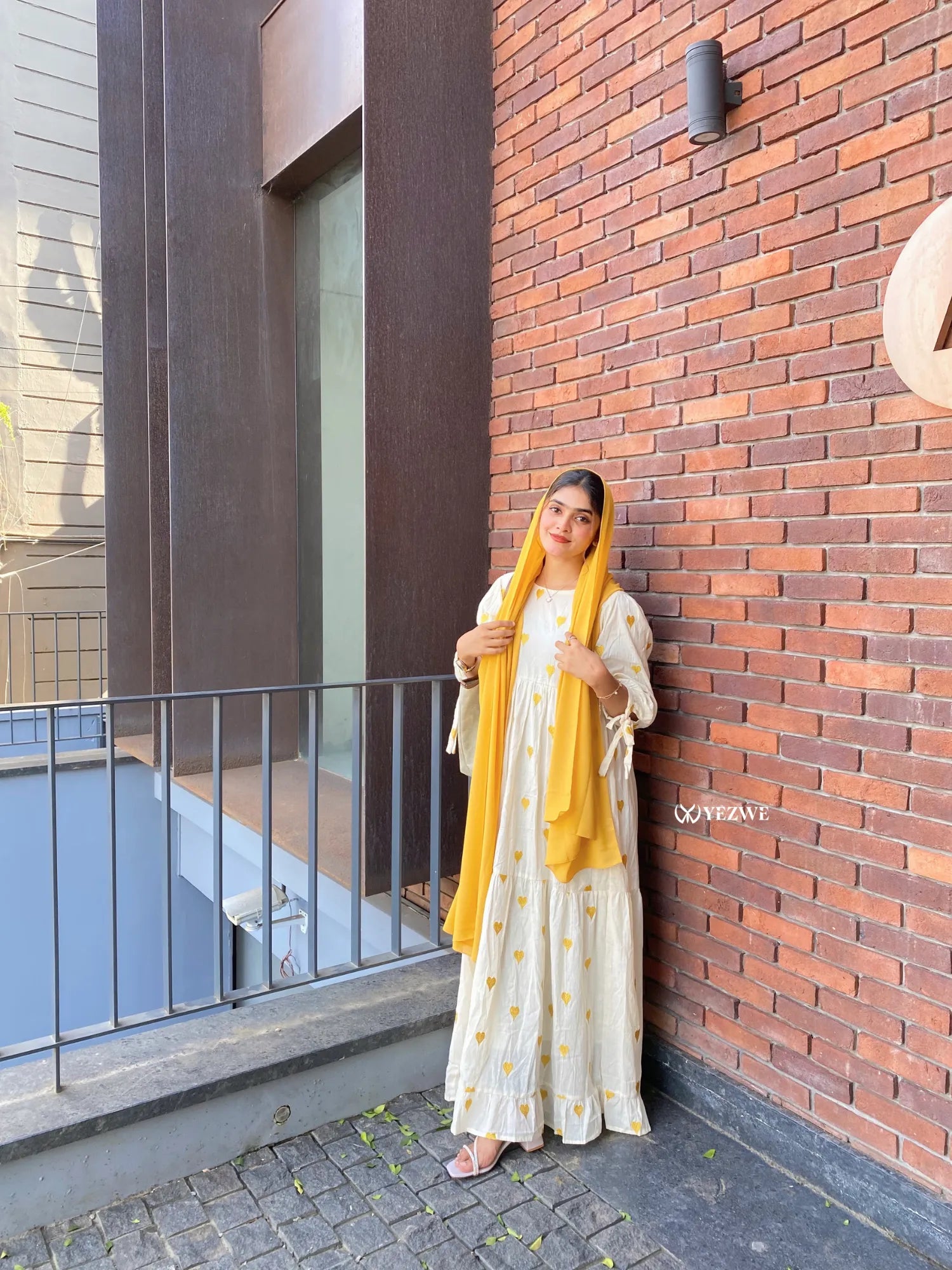Yellow Embroidered Maxi Dress with Floral Patterns and Matching Headscarf for Stylish Summer Wear
