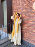 Yezwe Yellow Embroidered Maxi Dress with Elegant Design and Matching Scarf in Natural Light